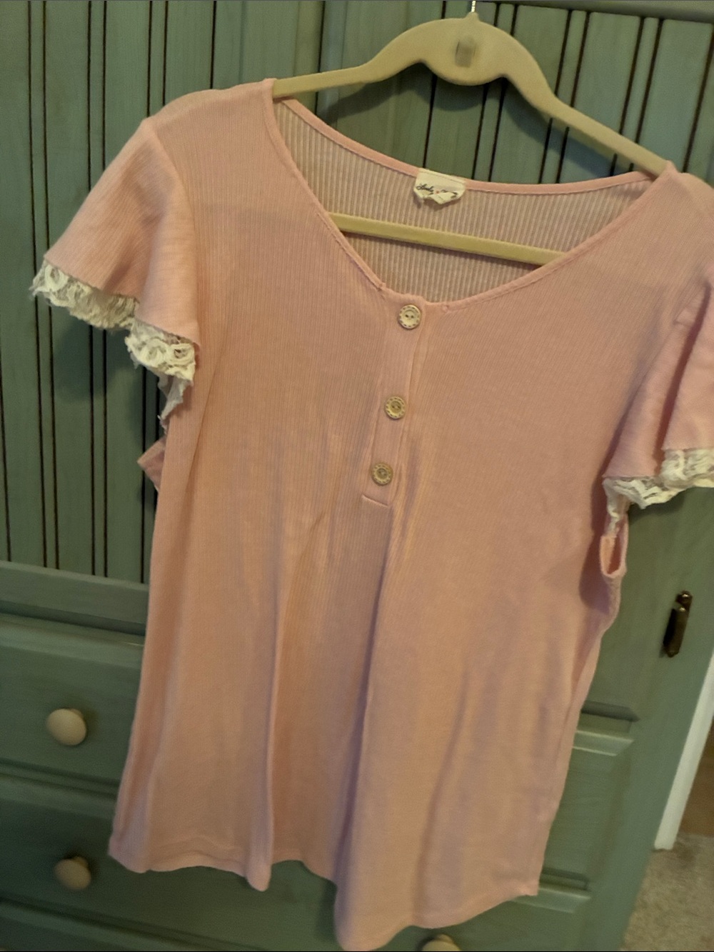 Women's Pink Short Sleeve Lace-Trim  Top